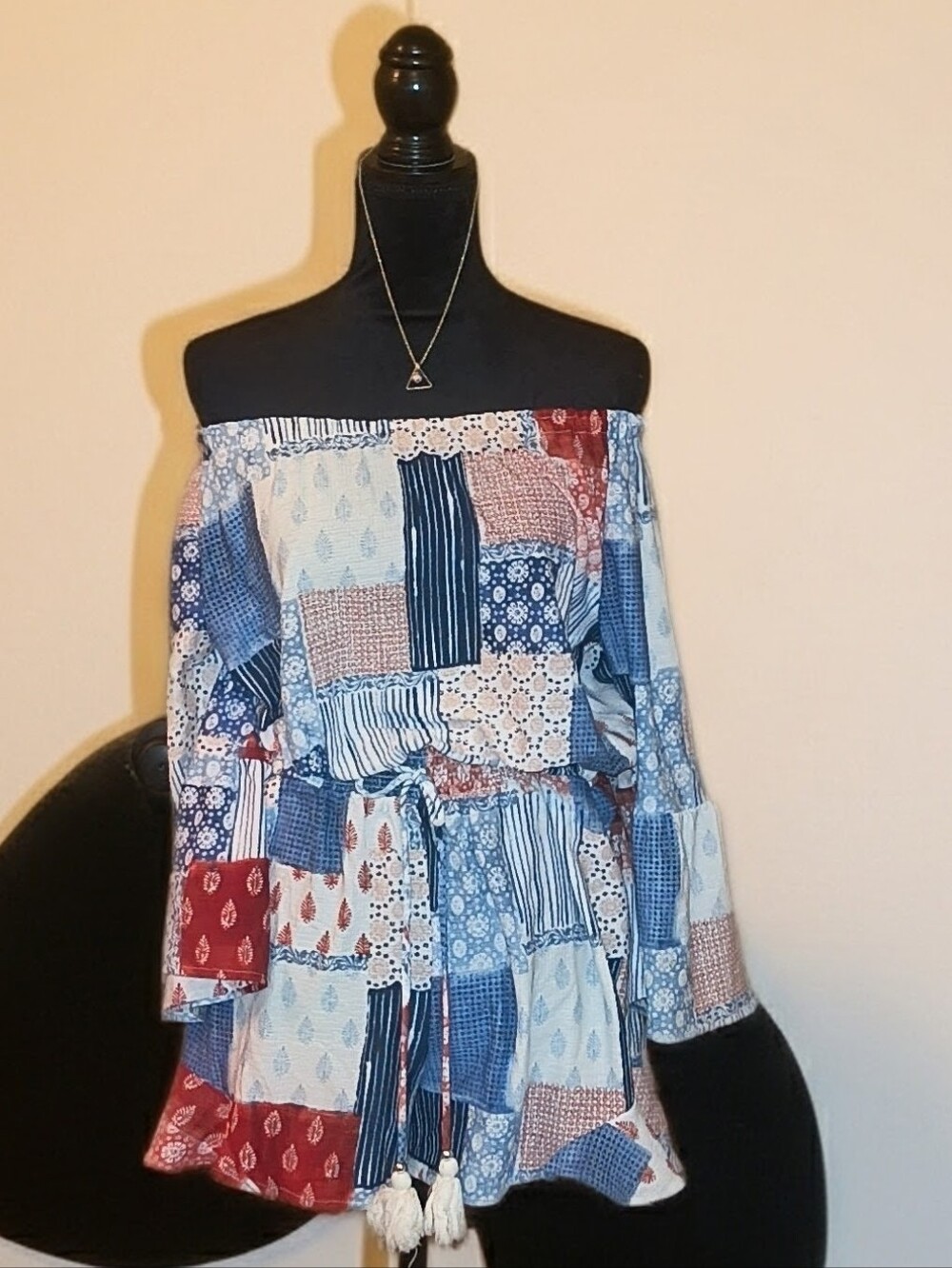 Cato Red White & Blue Patchwork Jumper - M - Off-Shoulder & Flowy